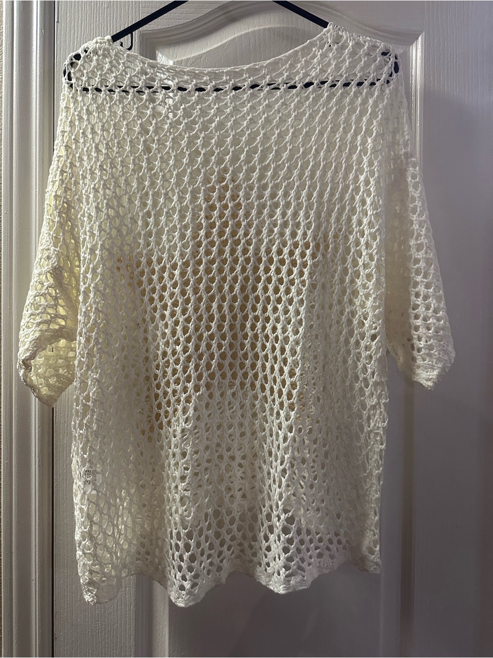 Cream with Gold Tan Star Crochet Open Knit Beach Cover Up Top Size M - Picture 7 of 7